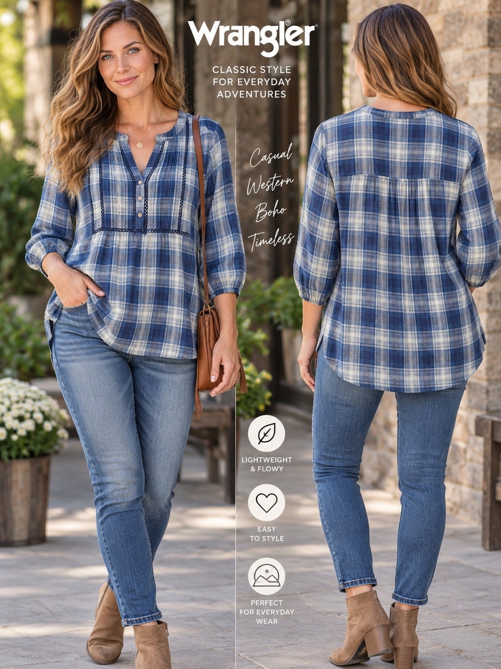 NWT Wrangler Plaid Blouse L Blue Boho Western Peasant Top 3/4 Sleeve